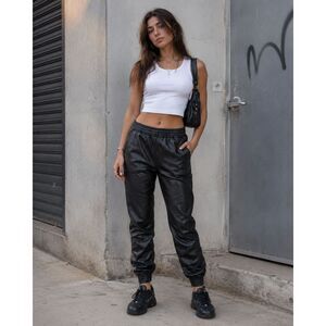 One X One Teaspoon Black 100% Leather Jogger Pants Trousers  Women's Size Small